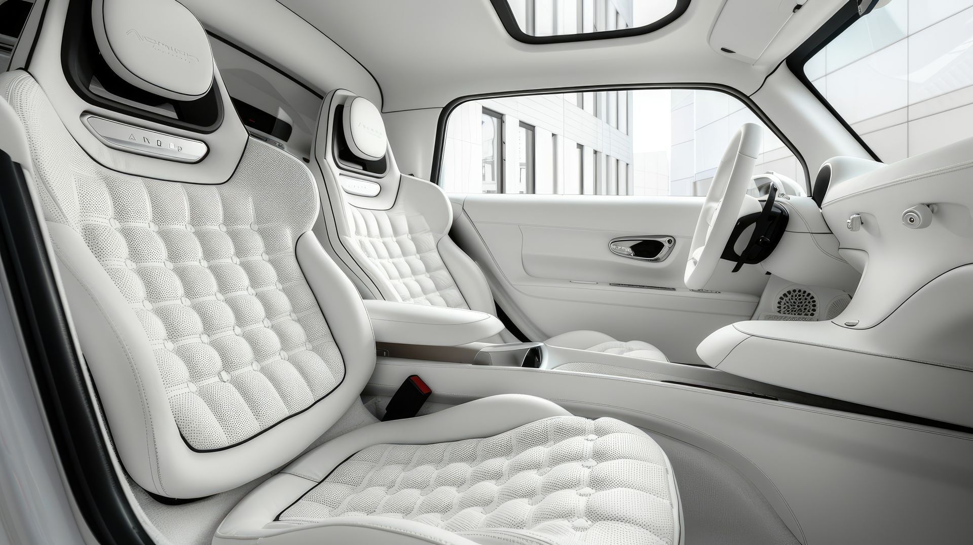 The interior of a white car with white seats and a sunroof.