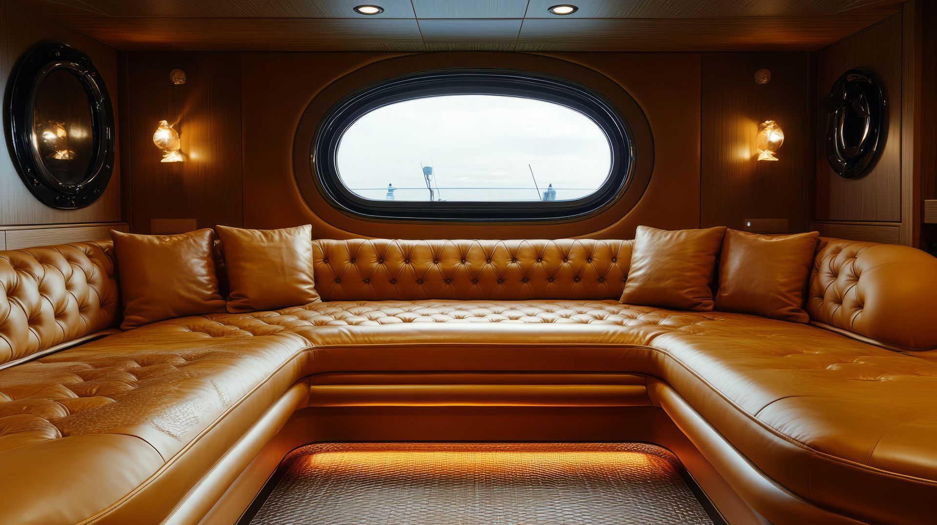 A living room with a brown leather couch and a window.