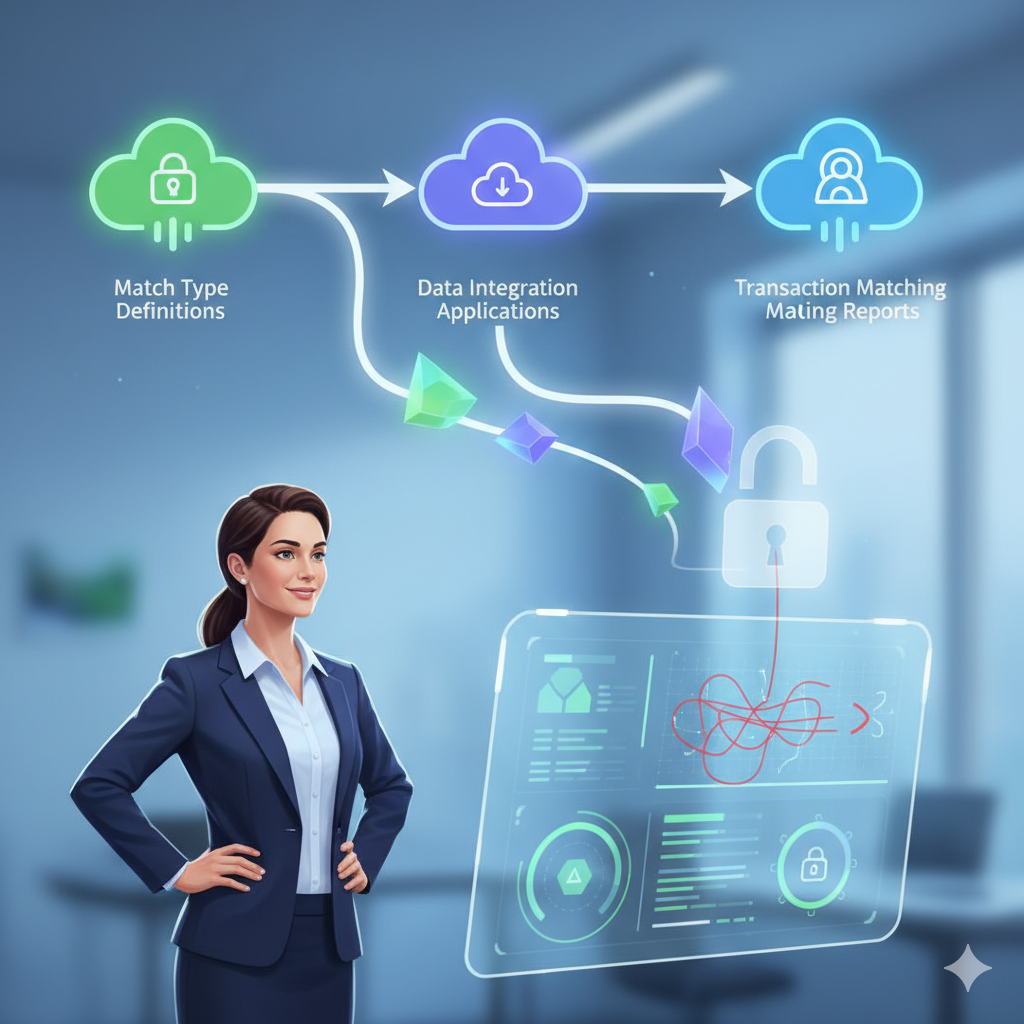Businesswoman with cloud data flow diagram, including data integration, watch type detection, and transaction monitoring, in office setting.