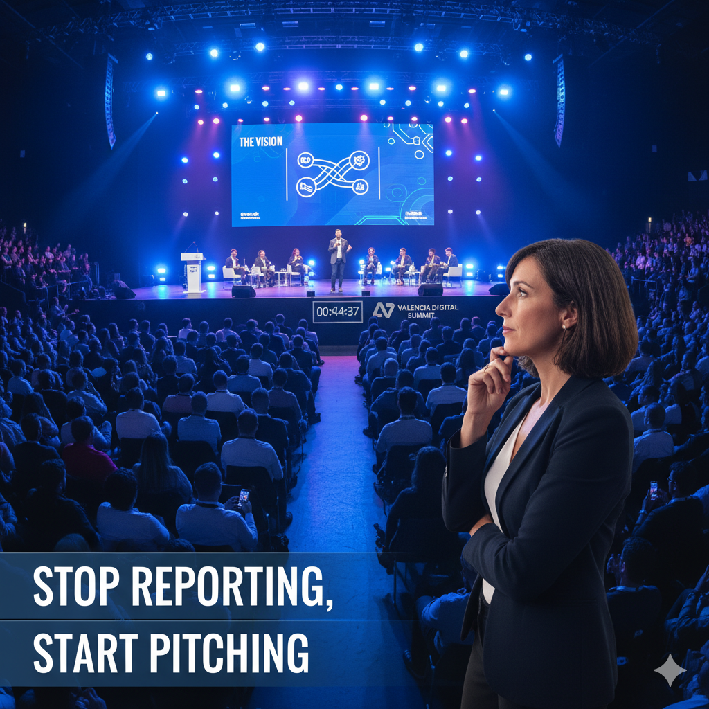 Woman contemplates a large conference. Stage with presenters; audience seated. Text: