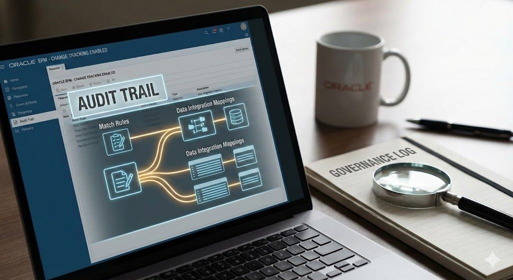 Laptop showing Oracle EPM Audit Trail, Match Rules, and Mappings.