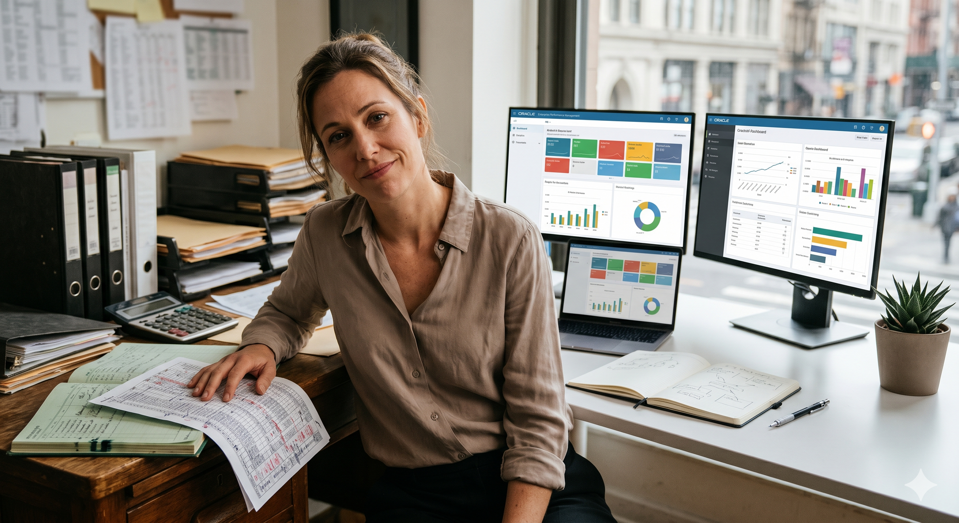 A stressed accountant managing manual spreadsheets versus efficient automated accounting software.