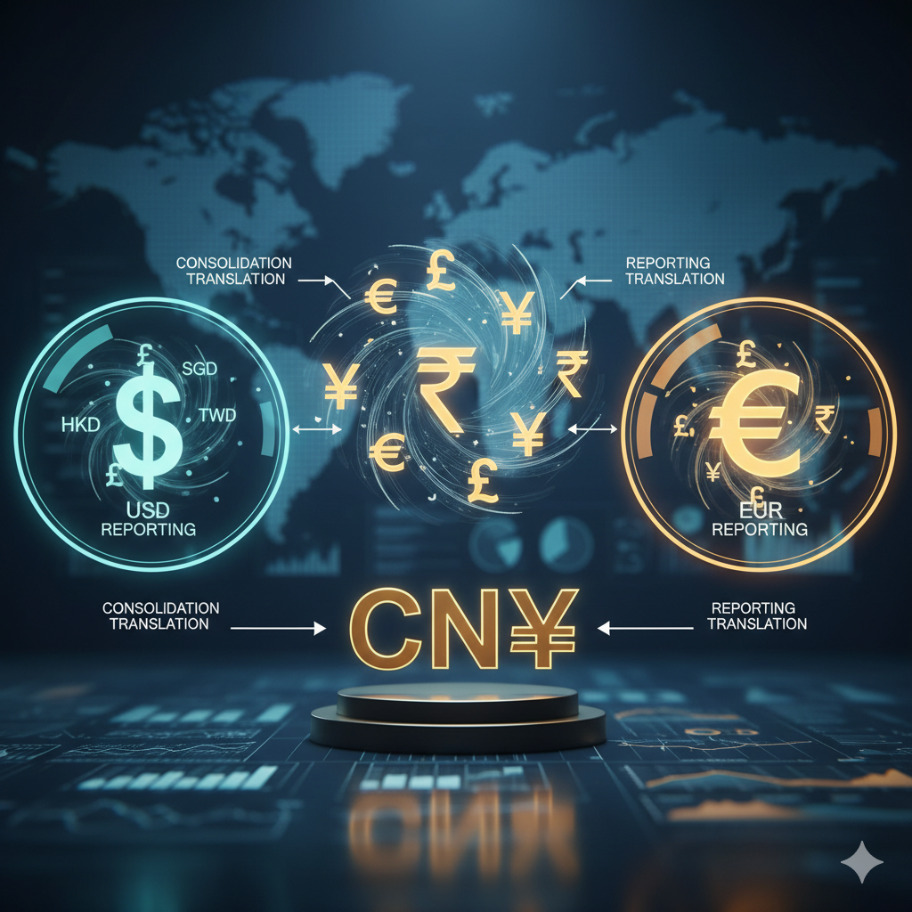 Diagram: FCC consolidation (local currencies to CNY) vs. reporting translation (CNY to EUR/USD).