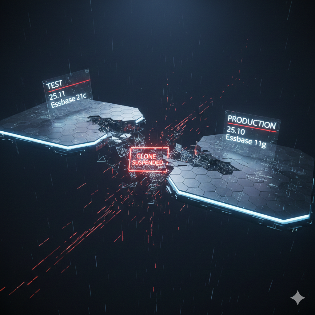 Digital gap between Oracle EPM Test 25.11 and Production 25.10 platforms Essbase version mismatch