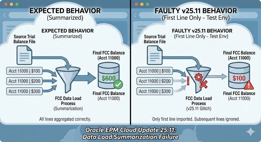 Diagram showing Oracle FCCS data load summarization failure in update 25.11.