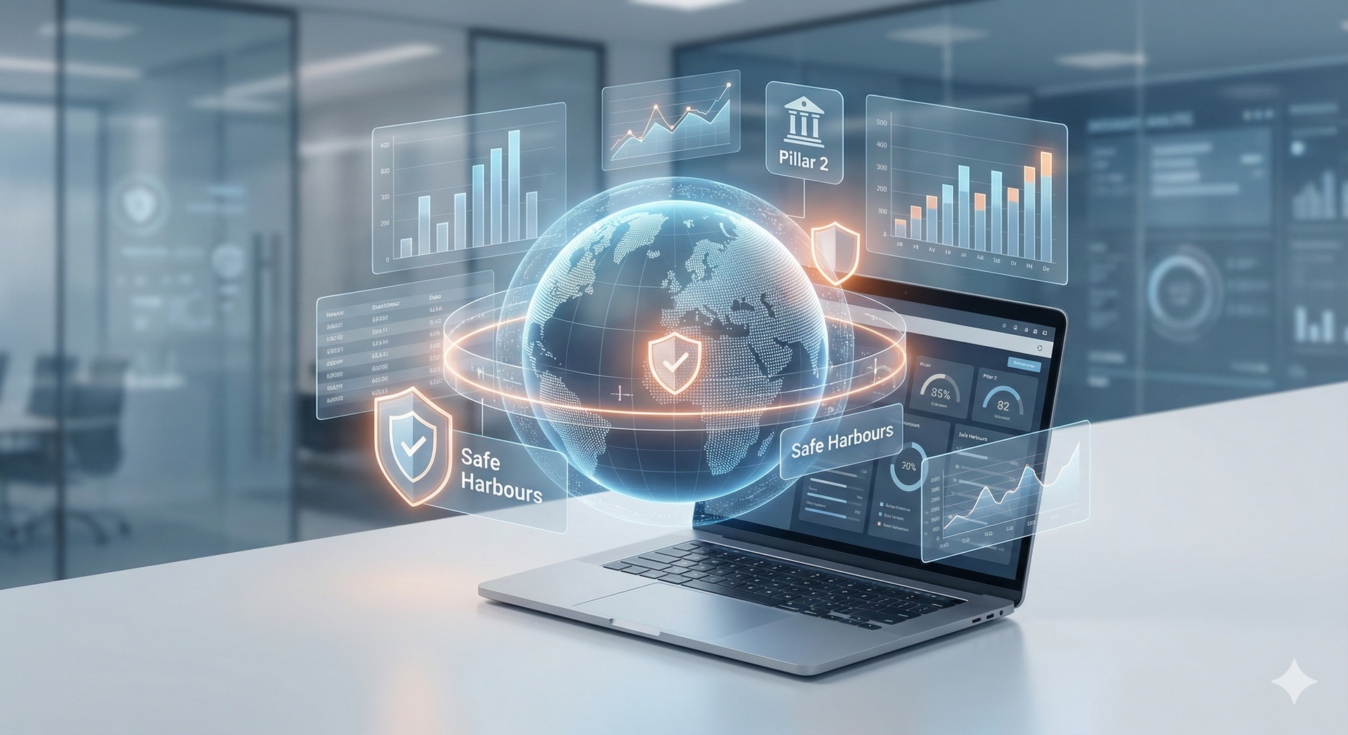 A digital illustration of a globe with data overlays and protective shields representing Oracle Tax 