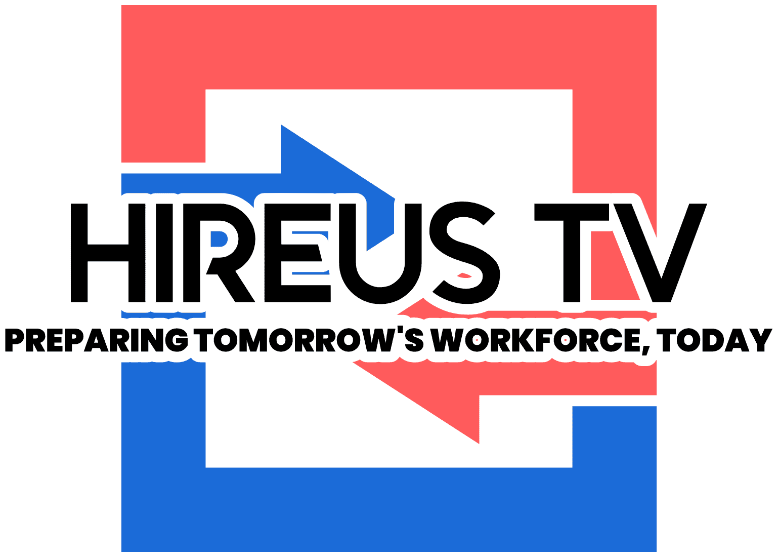 Logo for Hireus TV: Red and blue square with arrow and tagline: 