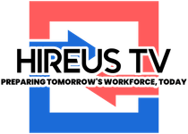 Logo for Hireus TV: Red and blue square with arrow and tagline: 