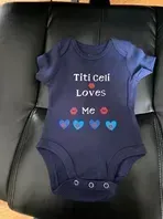 Dark blue baby onesie with the text 