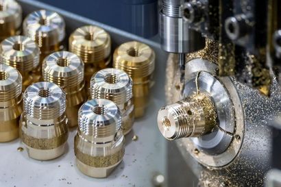 Machine CNC usinant des pièces métalliques avec des composants en laiton brillant et des copeaux de métal dans un atelier