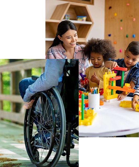 Woman in wheelchair next to a classroom with children and a teacher.