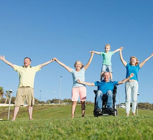 Family holding hands in a park, with a child on a wheelchair-user's shoulders. Sunny, joyful.