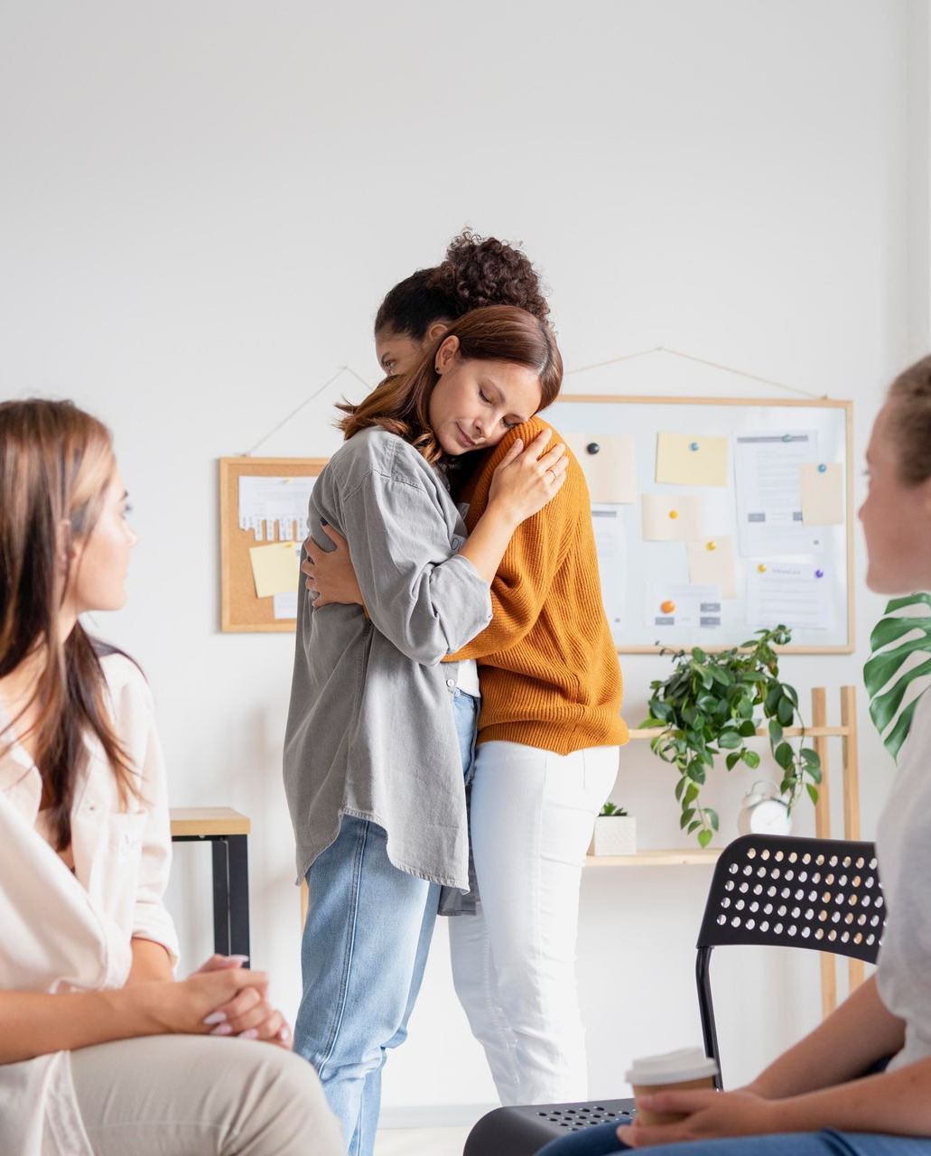 Two women embracing in a therapy session, surrounded by others. Beige, white, and greenery.