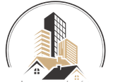 A logo for a real estate company with a building and two houses.