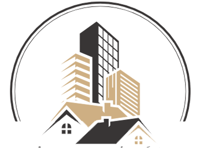 A logo for a real estate company with a building and two houses.