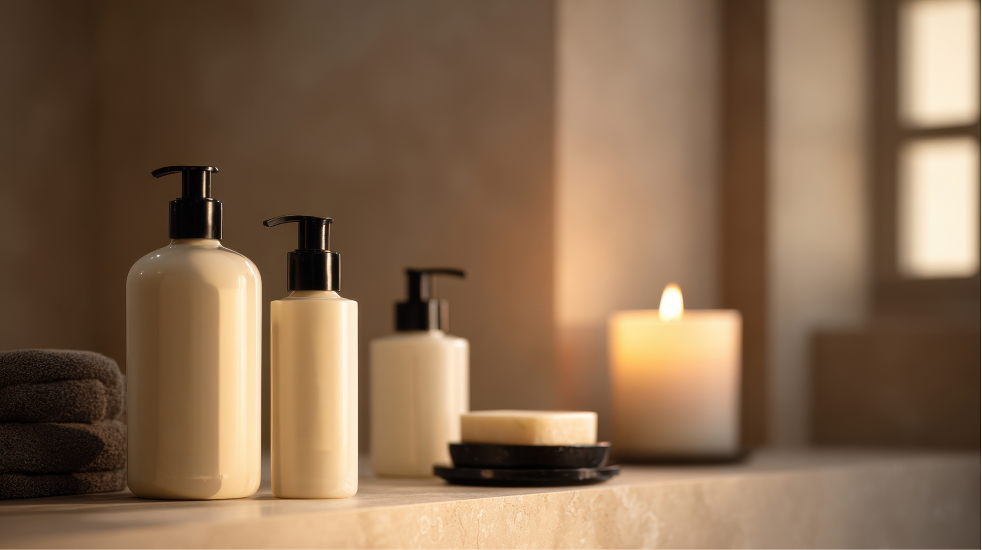 Bathroom shelf with lotion bottles, soap, towels, and a lit candle.