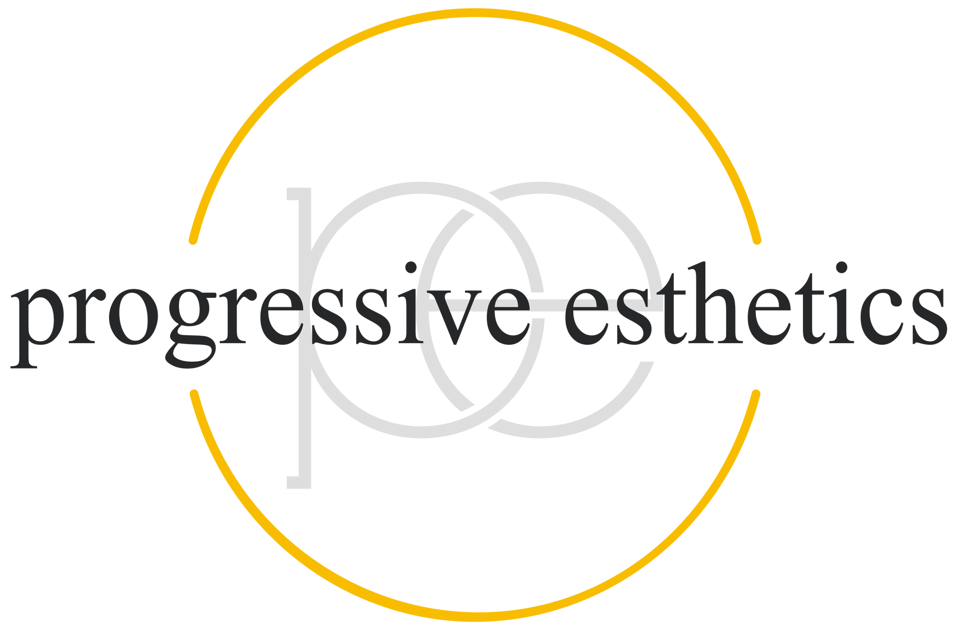 Logo for "progressive esthetics" with gold and grey circular design.