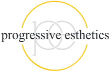 Logo for "progressive esthetics" with gold and grey circular design.