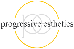 Logo for "progressive esthetics" with gold and grey circular design.