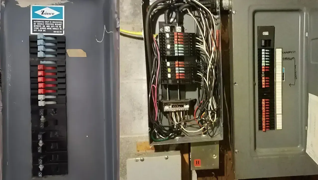 An electrician wearing orange safety gloves pulls electrical wires through a white junction box mounted on a wood stud.