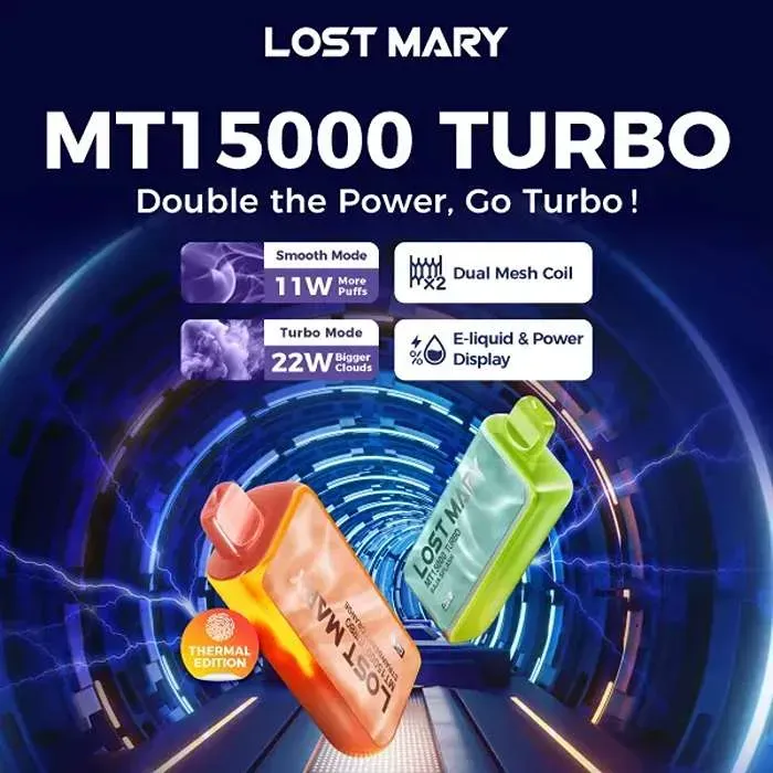 Lost Mary MT15000 Turbo vape devices. Features smooth (11W) and turbo (22W) modes. Display shows e-liquid and power.