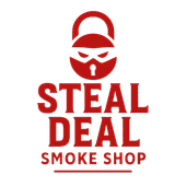 Red logo for Steal Deal Smoke Shop: a padlock with a masked face above the words 