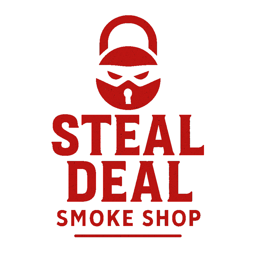 Red logo for Steal Deal Smoke Shop: a padlock with a masked face above the words