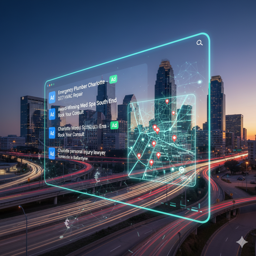 A picture of google search ad results in the foreground and a busy city skyline in the background