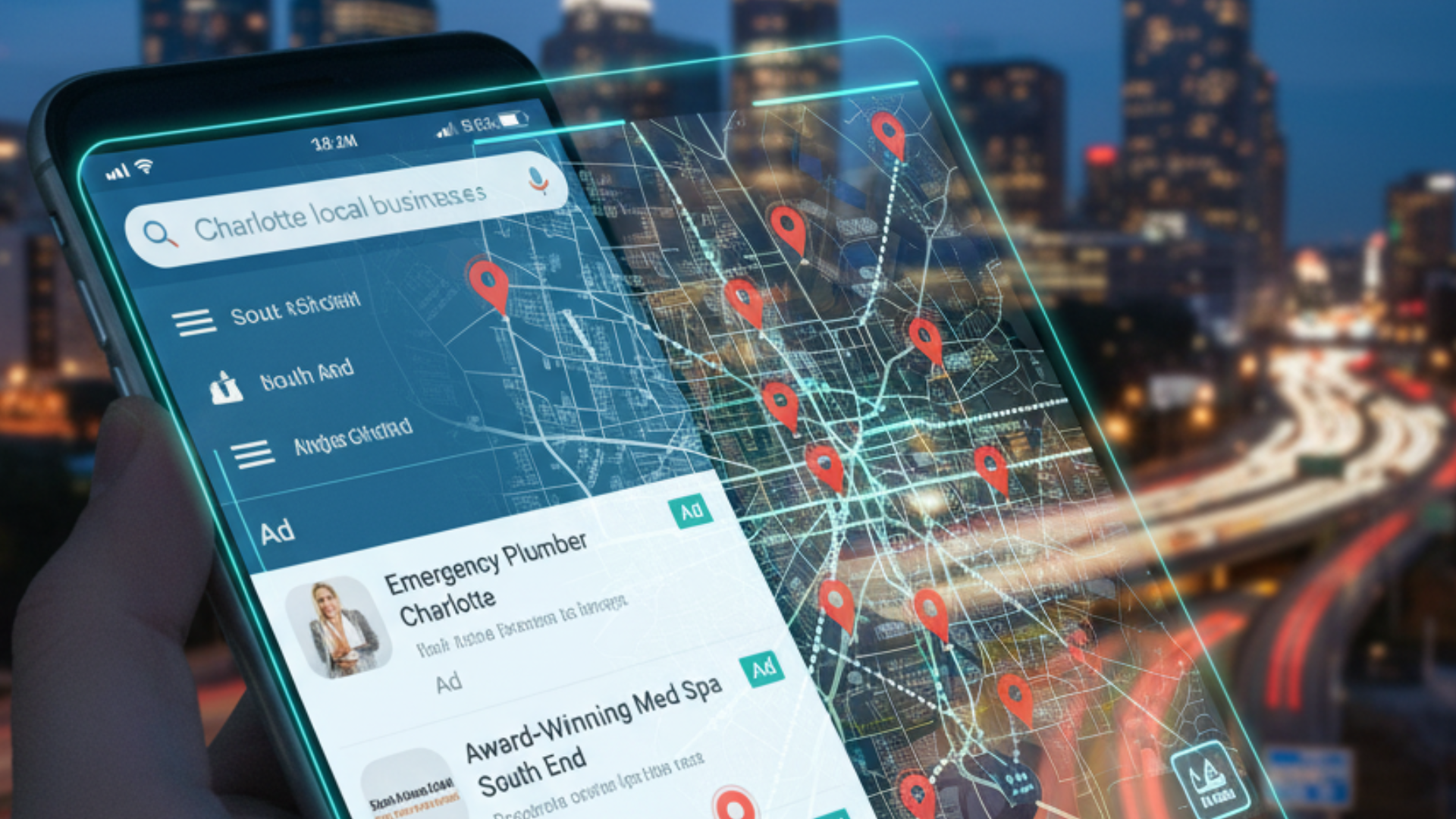 Picture of a cell phone with a busy city in the background. On the cell phone dispalyed are google ads search results.