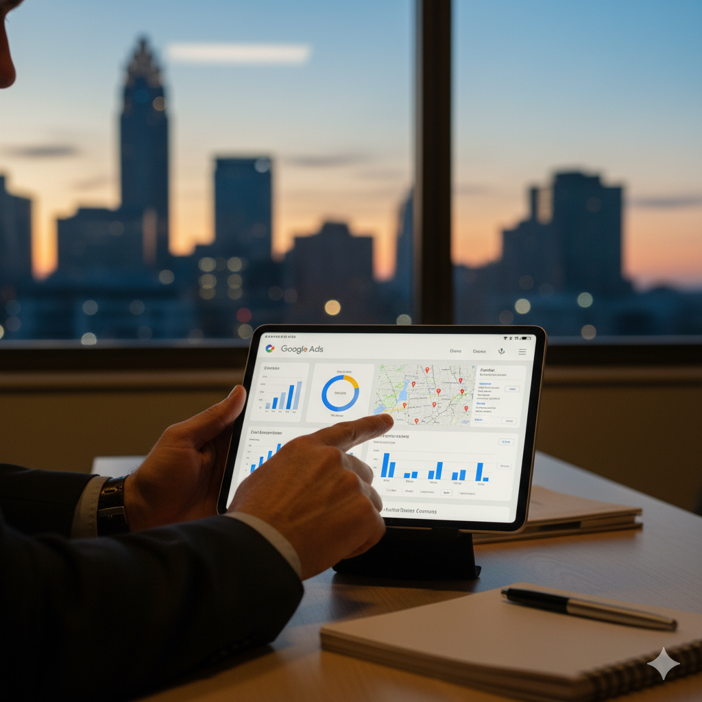 A person views Google Ads performance data on a tablet, with a Charlotte, North Carolina skyline visible outside a window at sunset.