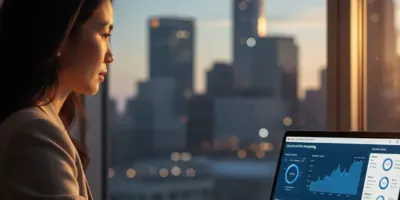 Side profile of a woman in a modern office, working on a laptop showing graphs and charts of Google
