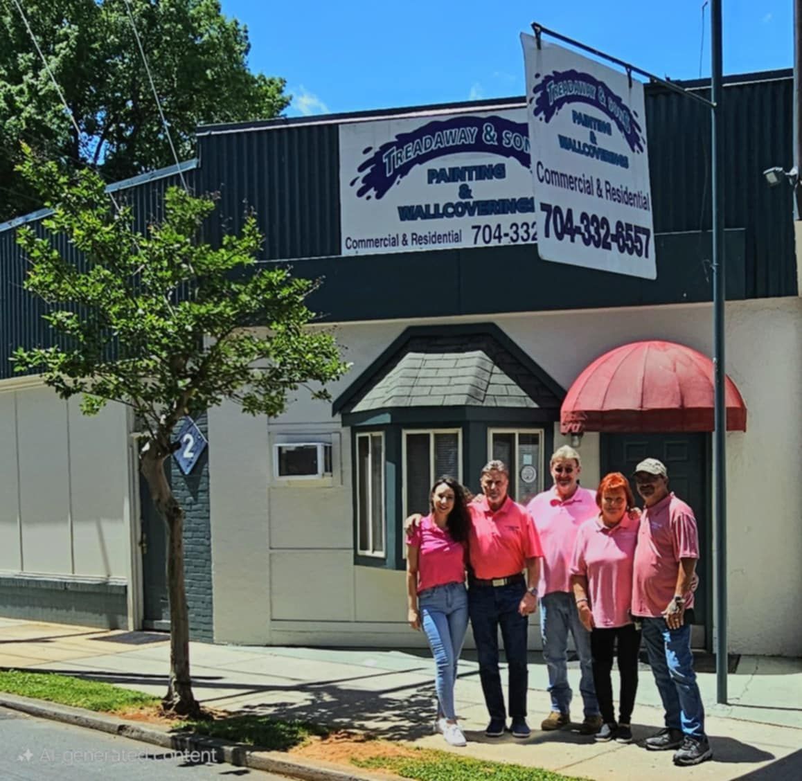 People in pink shirts pose in front of a painting company building.