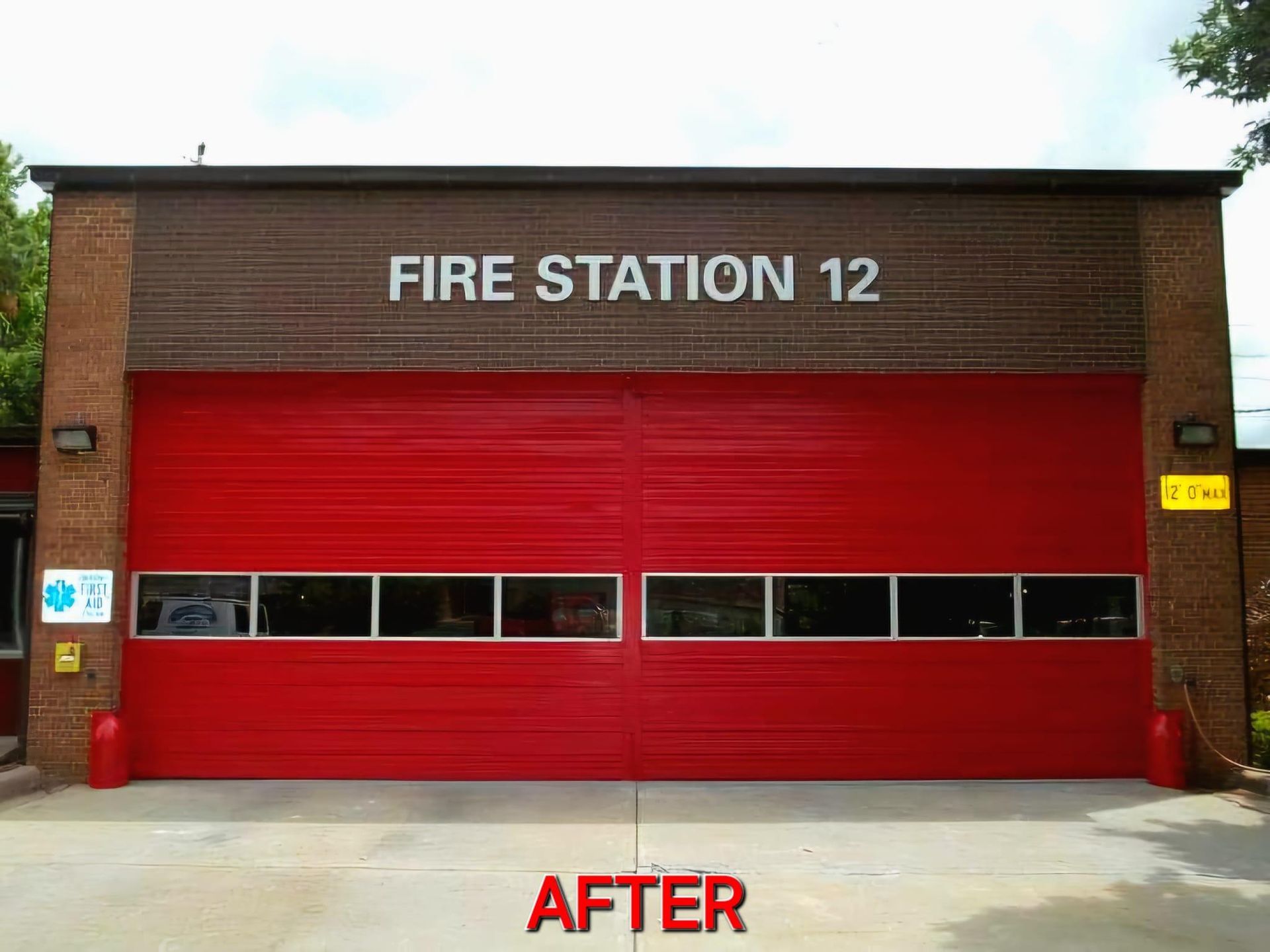 Red fire station garage door with 