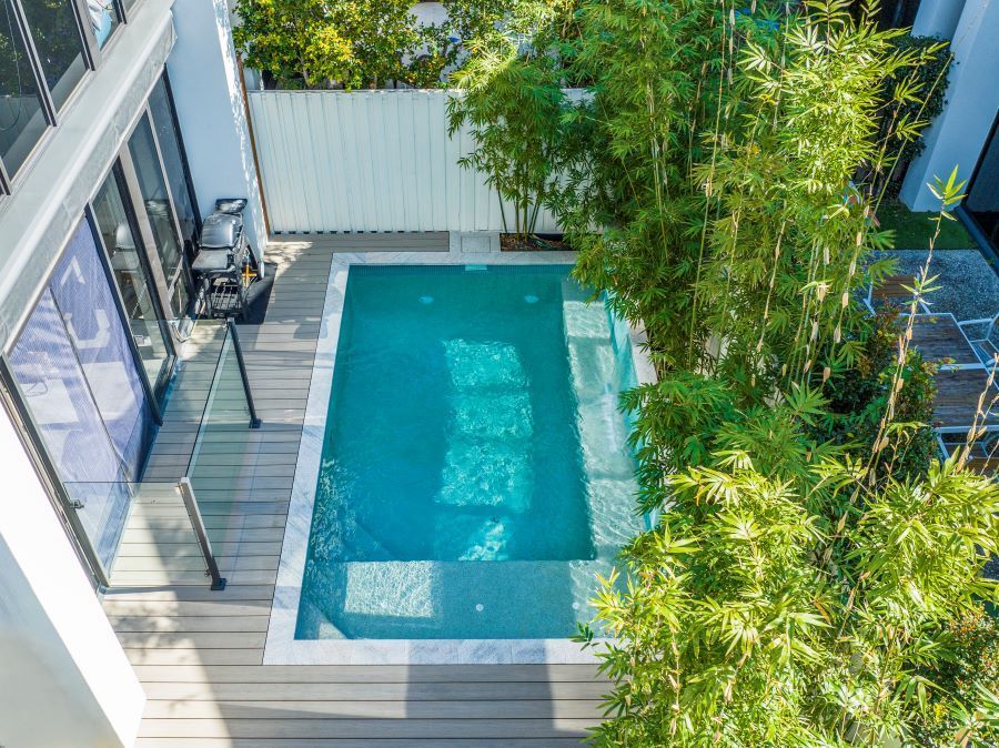 An aerial view of a swimming pool in a backyard surrounded by trees.