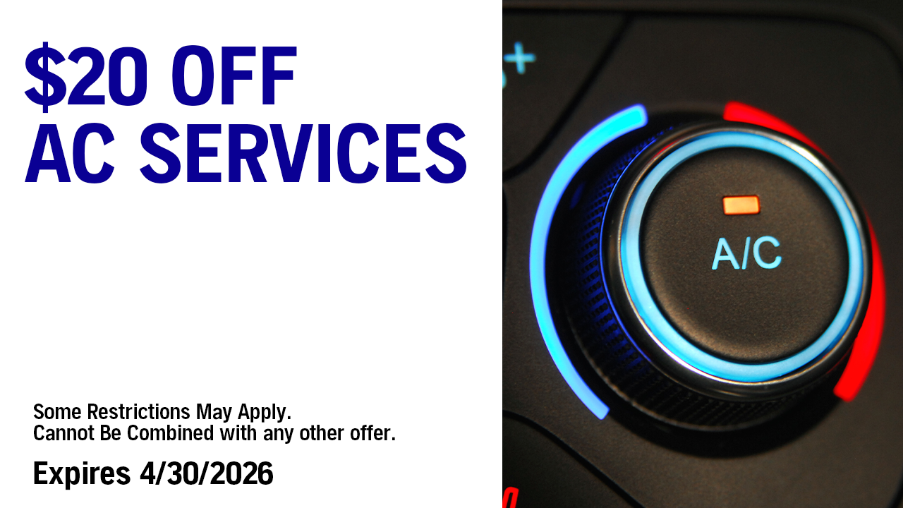 $20 off AC services ad with blue and red climate control dial, expires 4/30/2026