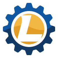 a blue and yellow gear with the letter l in the center