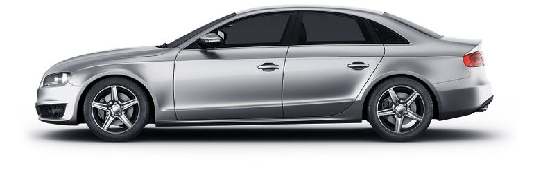 a silver car is shown from the side on a white background .