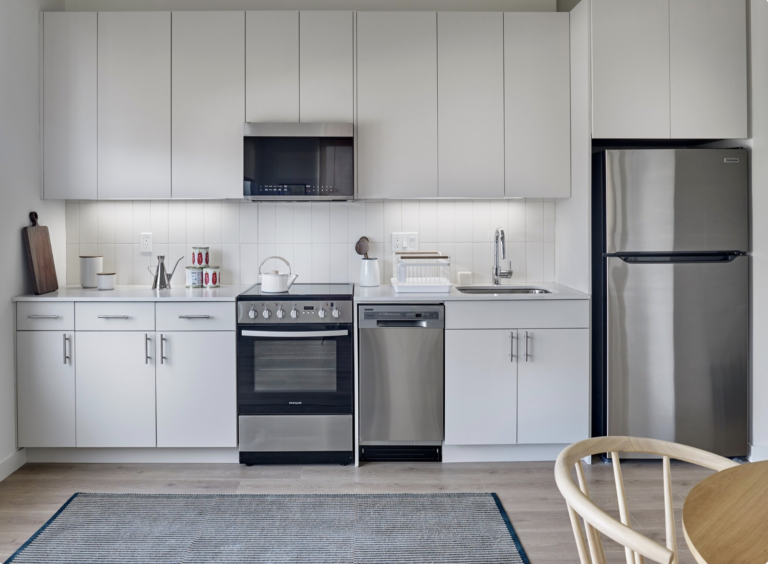 Modern white kitchen with stainless steel appliances, cabinets, and a rug.