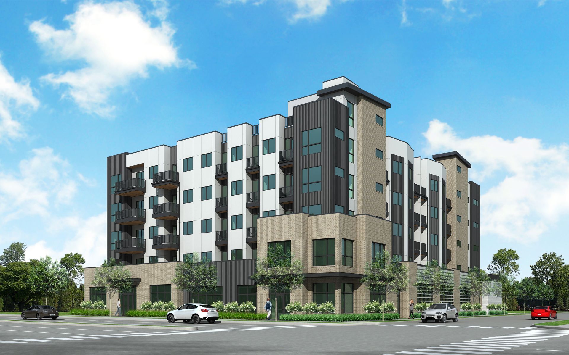 Modern apartment building with white and dark gray panels, brick accents, balconies, and cars on the street.
