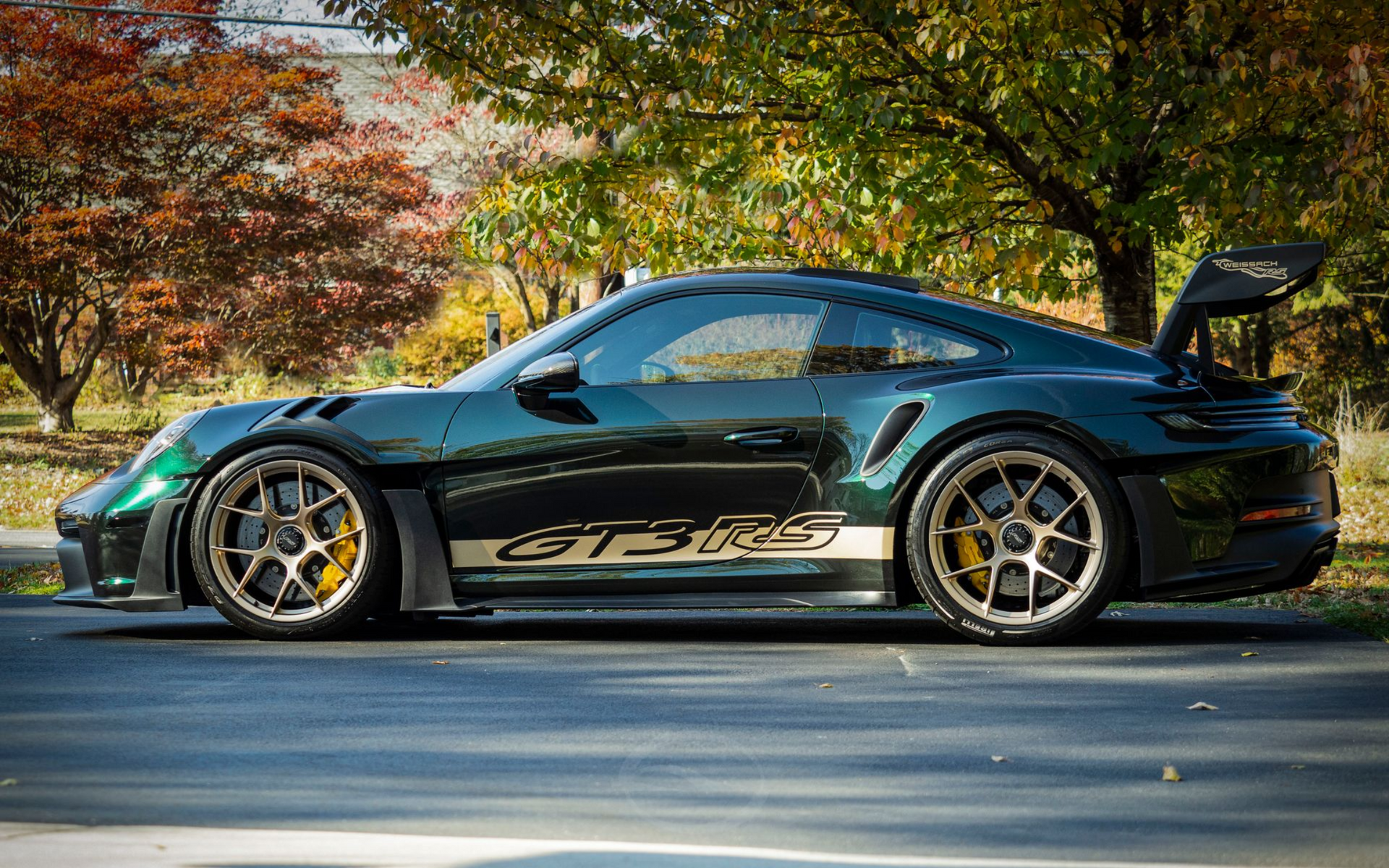 Green Porsche 911 GT3 RS parked on pavement with gold wheels and spoiler up.