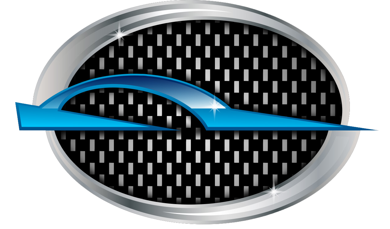 Silver and black emblem with blue car shape.