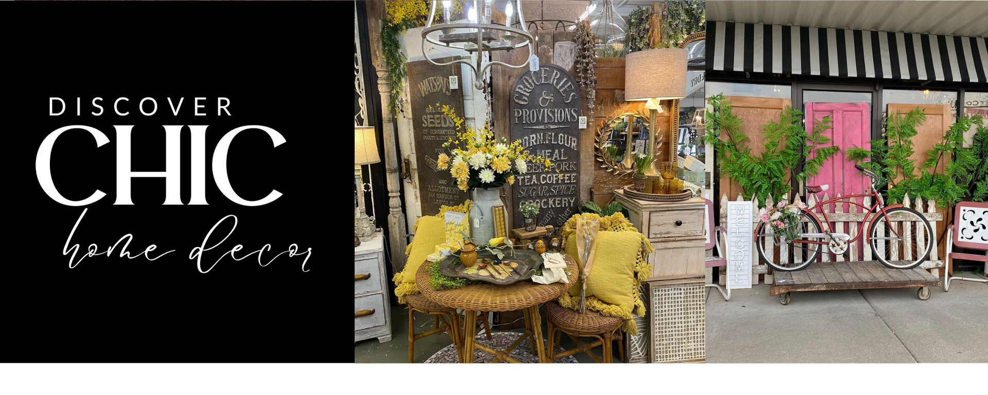 Discover chic home decor and floral display with elegant tables and chairs in a bright garden setting