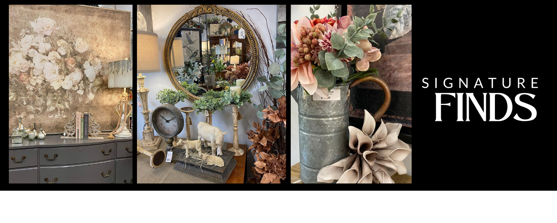 Decorative floral wreaths and home decor collage with “Signature Finds” text on black background