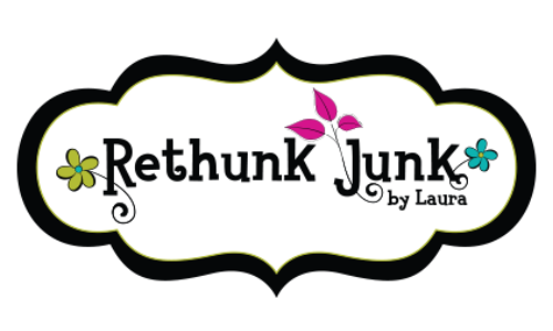 Logo reading “Rethunk Junk by Laura” in black with pink and green floral accents on a white plaque.