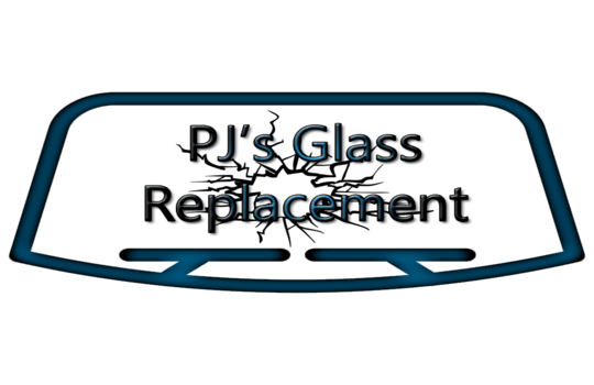 A logo for pj 's glass replacement with a broken windshield.