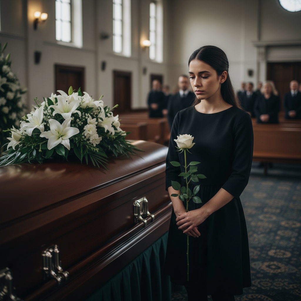Woman in black beside a casket with white lilies in a church during a funeral service