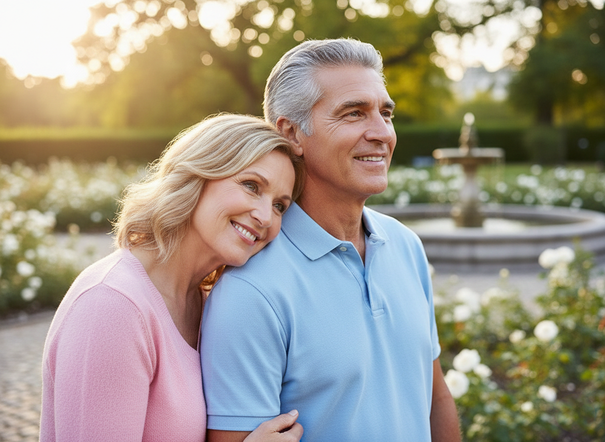 Smiling couple standing in a sunlit garden with flowers and a fountain in the background