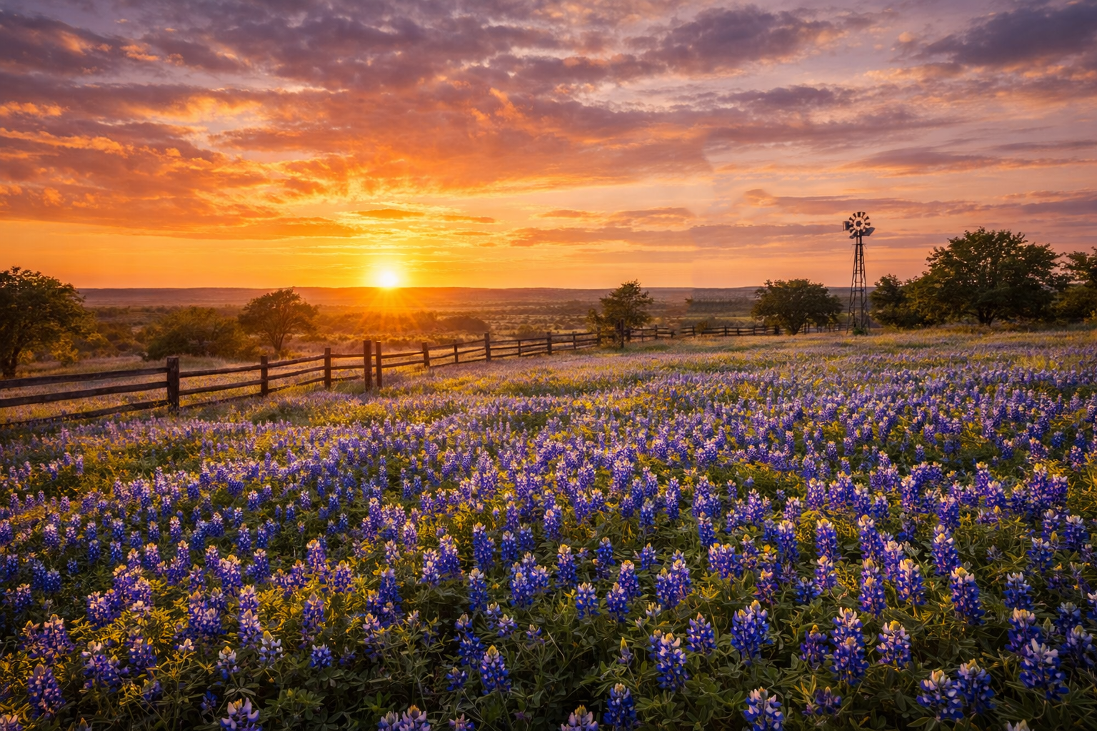 Sunset over a purple wildflower field beside a rustic fence and trees