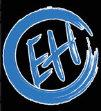 Blue stylized "EH" letters within a blue brushstroke circle, on a black background.