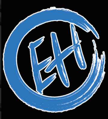 Blue stylized "EH" letters within a blue brushstroke circle, on a black background.